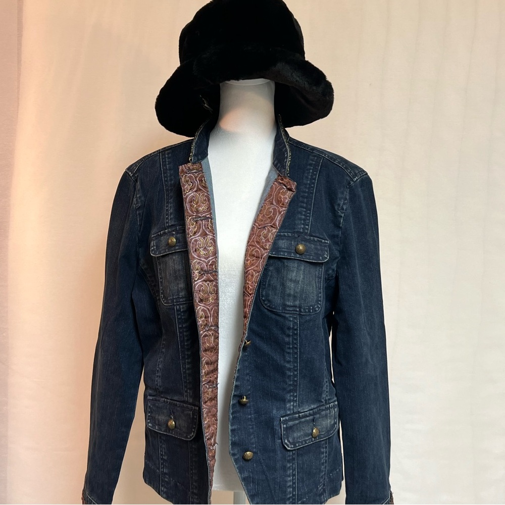 INDIGO PALMS denim jacket with gold paisley detailing on the sleeves and collar.